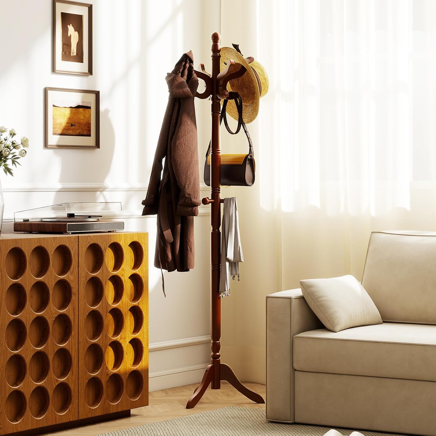 Tangkula Coat Rack Freestanding, Solid Rubber Wood Coat Tree with 11 Hooks and 3 Height Options for Coats, Hats, Bags, Purses, Clothes, Hanger Stand for Entryway Hallway Bedroom Office (Reddish Brown)