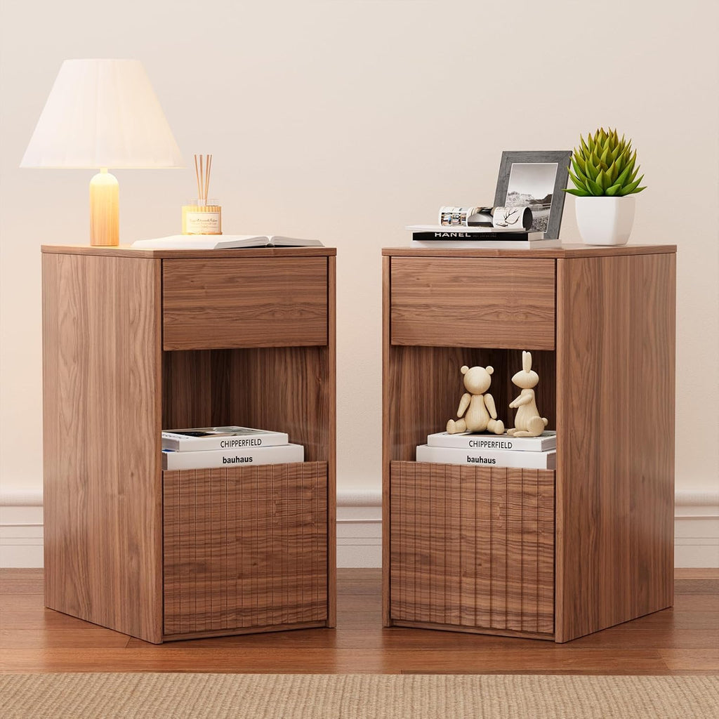 Eongdon Fluted Nightstand Set of 2, Mid Century Modern End Table with 2 Drawers and Open Storage, 11.7" W Narrow Bedside Table Organizer, Wood-Like Walnut Finish Compact Night Stand for Bedroom, Sofa
