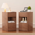 Eongdon Fluted Nightstand Set of 2, Mid Century Modern End Table with 2 Drawers and Open Storage, 11.7" W Narrow Bedside Table Organizer, Wood-Like Walnut Finish Compact Night Stand for Bedroom, Sofa