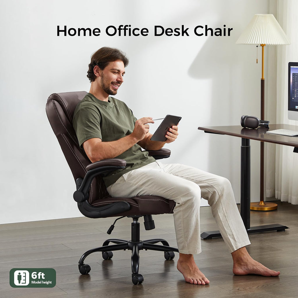 amseatec Office Chair, Executive PU Leather Chair, Ergonomic Computer Desk Chair with Lumbar Support and Adjustable Flip-Up Arms, Rocking Task Chair, Brown