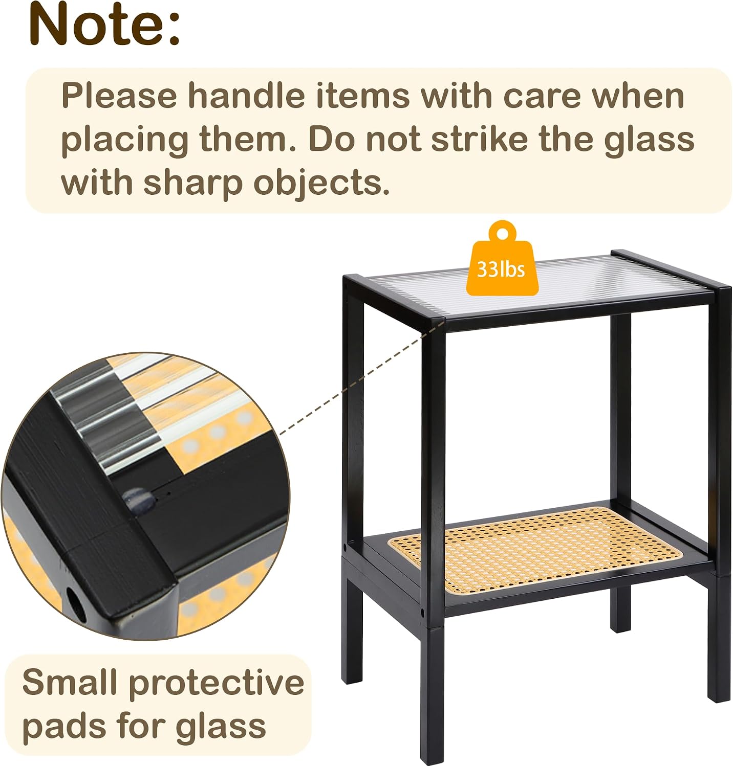 2-Tier Bamboo Side Table, Modern Glasstop Rattan Side Table, Mid Century Wood Sofa-Side End Tables for Living Room, Bedroom Night Stand with Storage, Small Narrow Coffee Tables, Black