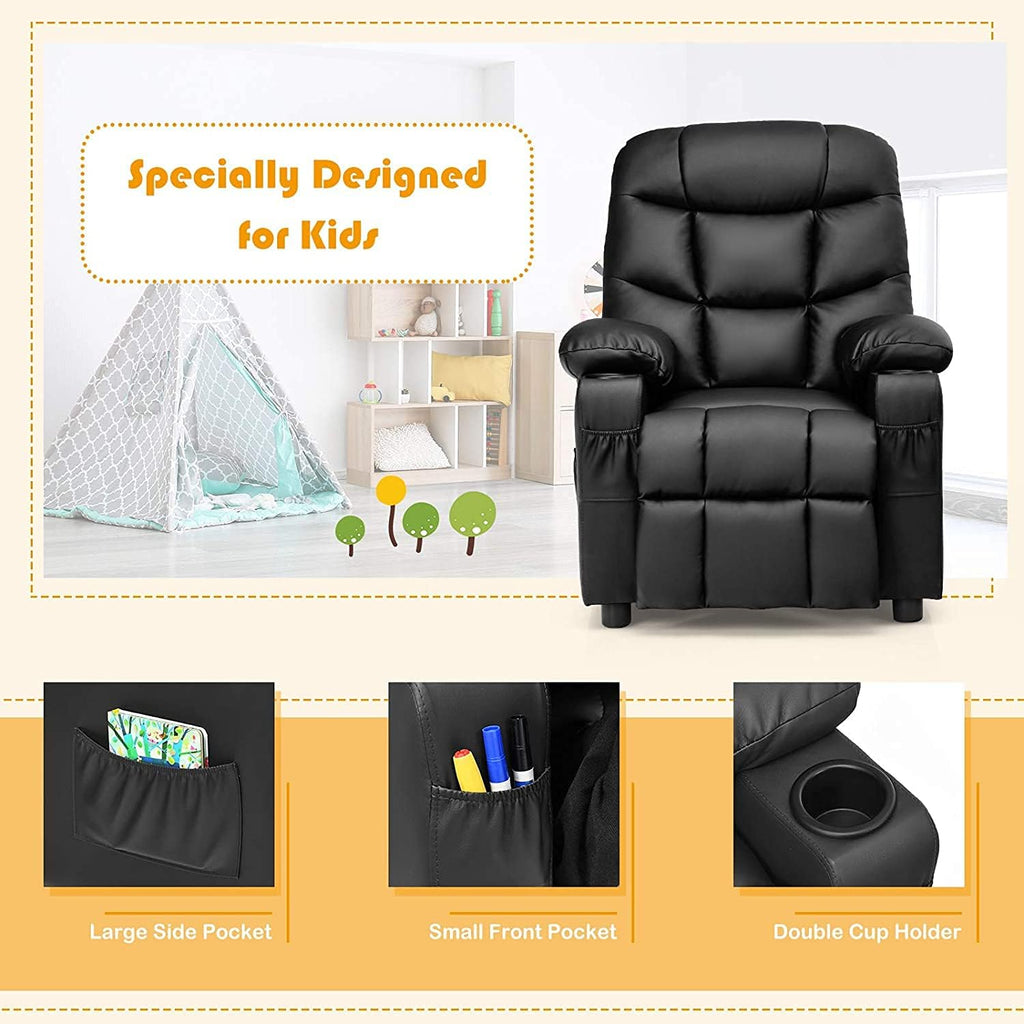 GLACER Kids Recliner Chair w/Cup Holder& Side Pockets, Children Recliner w/Comfortable Backrest, Armrests & Footrest, Toddler PU Leather Recliner for Boys Girls, 3+ Age Group, Black