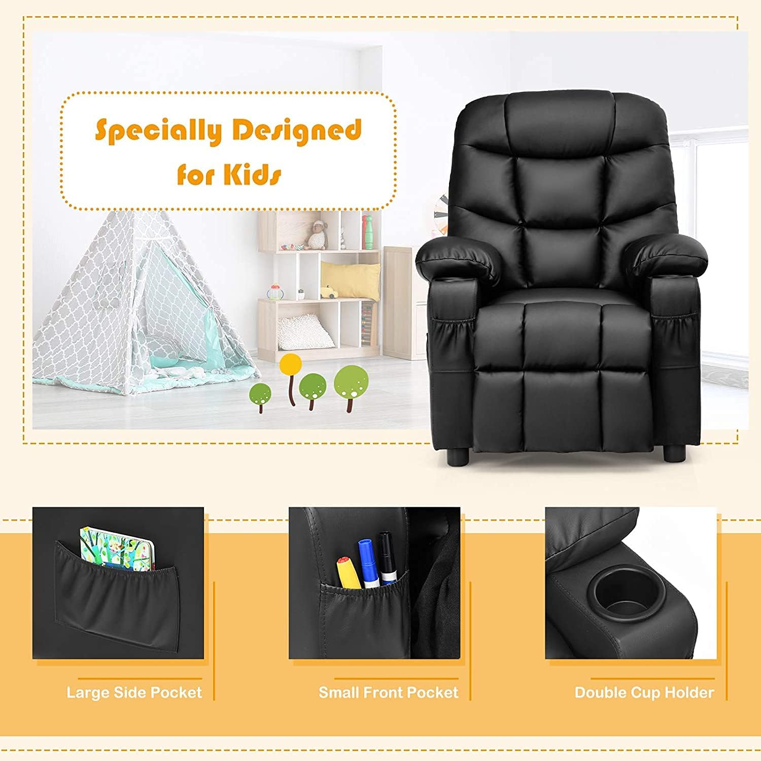 GLACER Kids Recliner Chair w/Cup Holder& Side Pockets, Children Recliner w/Comfortable Backrest, Armrests & Footrest, Toddler PU Leather Recliner for Boys Girls, 3+ Age Group, Black