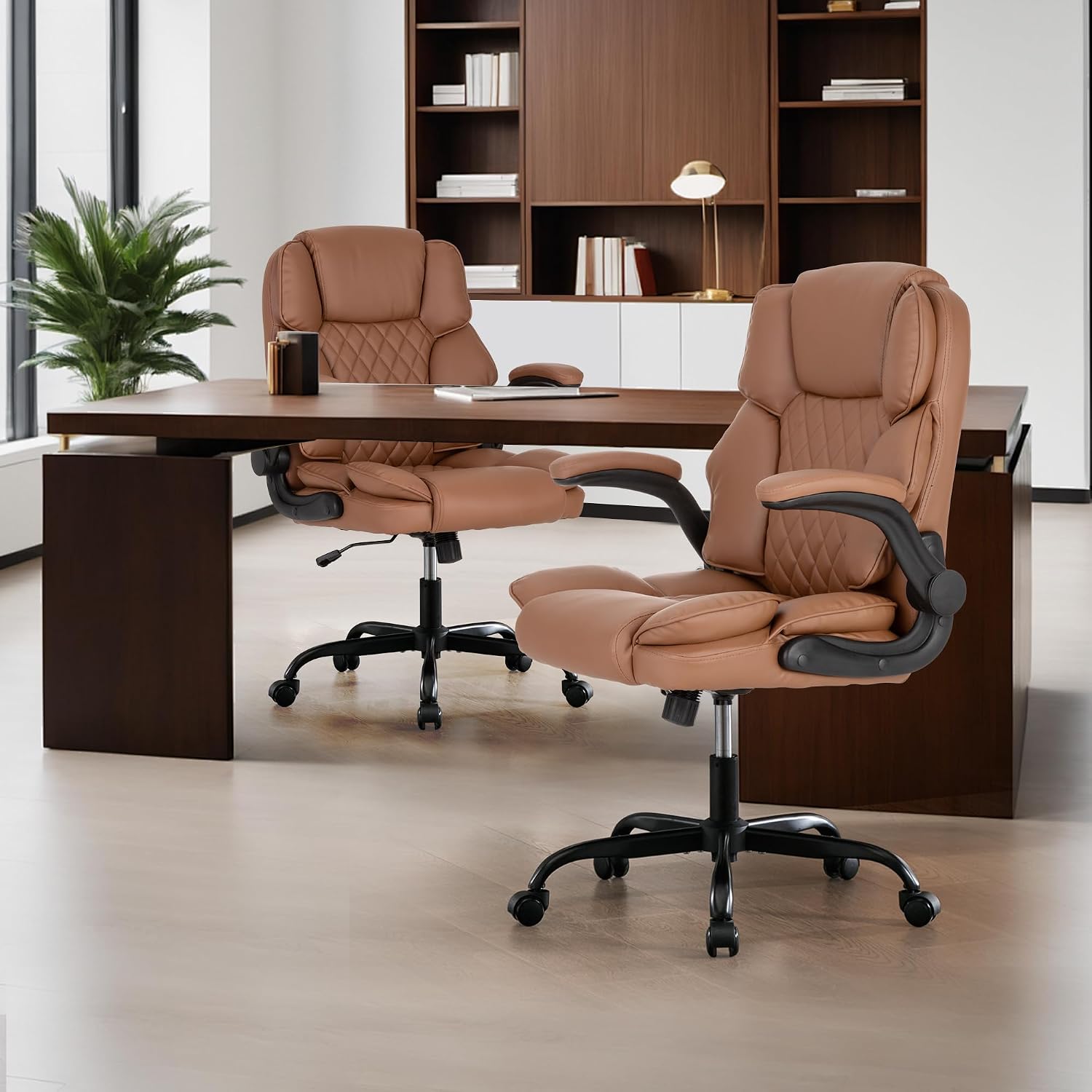 Office Desk Chair,Mid Back Executive Leather Chair,Ergonomic Home Computer Chair,Modern Conference Room Chairs with Adjustable Flip-Up Arms and Rocking Function (Brown)