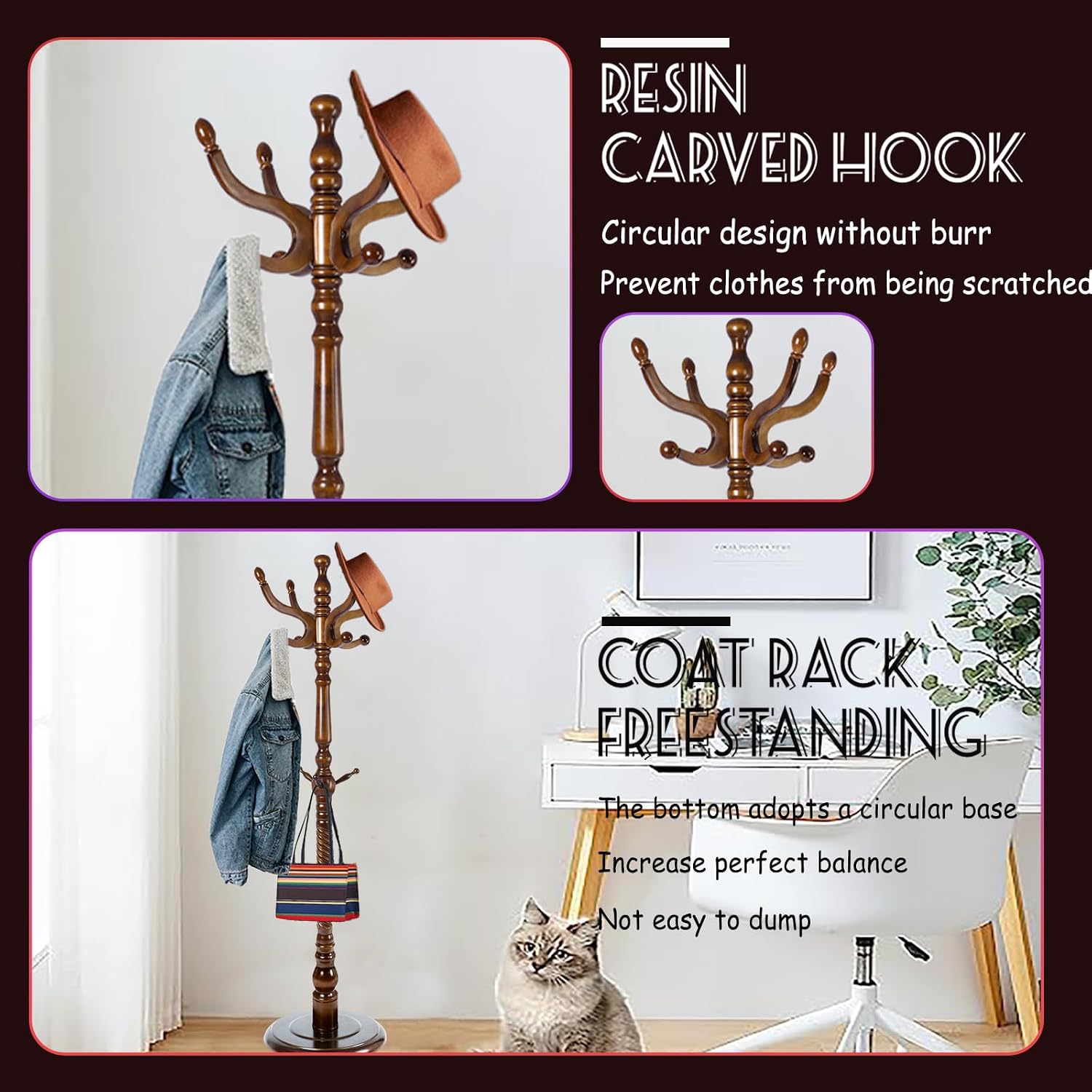 73 in Wood Coat Rack, Coat Rack Freestanding with Stable Round Base, Adjustable Height Tree Coat Racks Stand for Home Bedroom Office Hallway Entryway (Antique color)