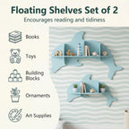 HONEY JOY Wall Mounted Kids Book Shelves Set of 2, Dolphin-Shaped Floating Book Shelves w/Compartments, Space-Saving Cute Bookcases, Wooden Display Storage Rack for Bedroom Nursery Kindergarten