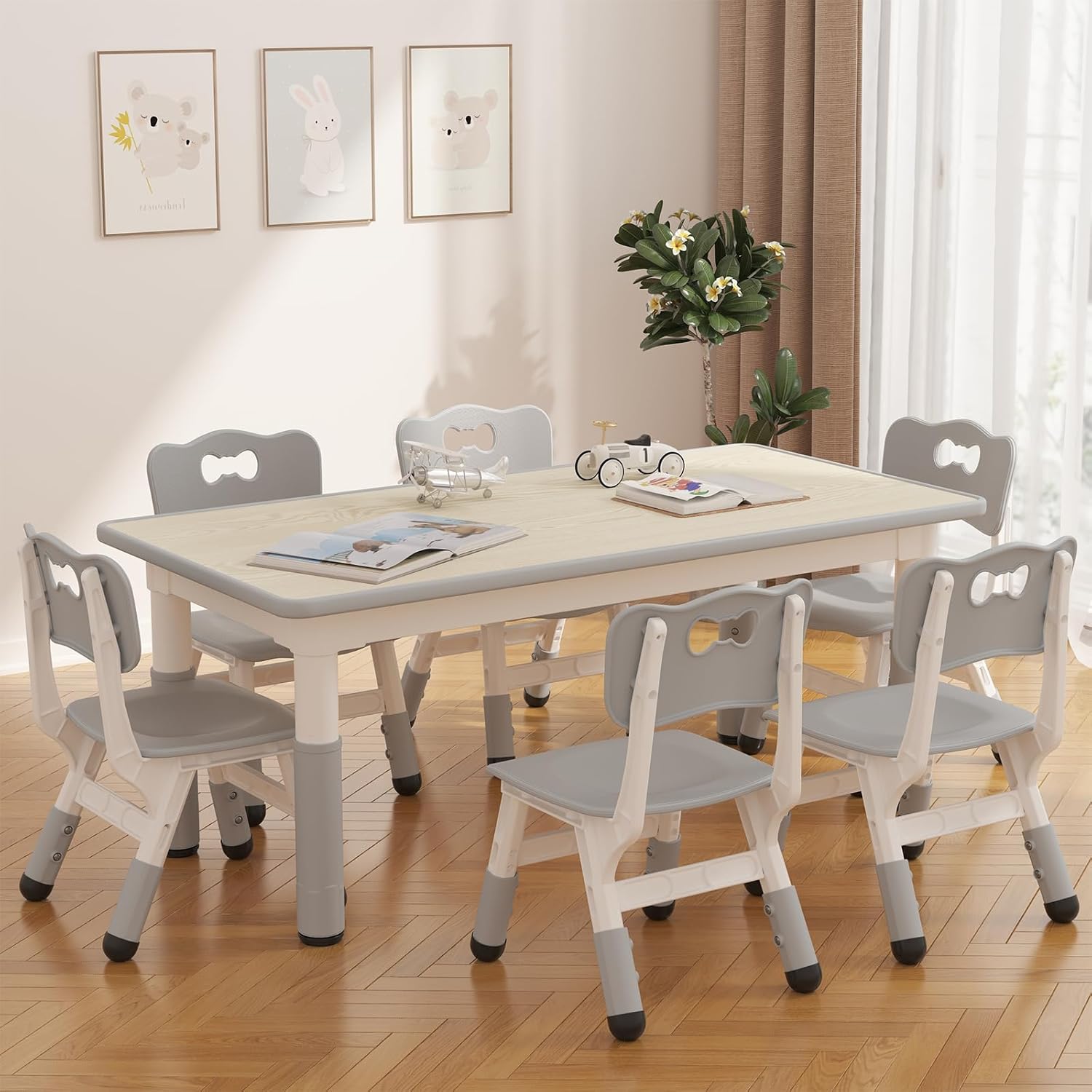 GAOMON Kids Table and 6 Chairs Set, Height Adjustable Toddler Table and Chair Set for Ages 2-10, Graffiti Desktop, Non-Slip Legs, Children Activity Table for Daycare Classroom Home