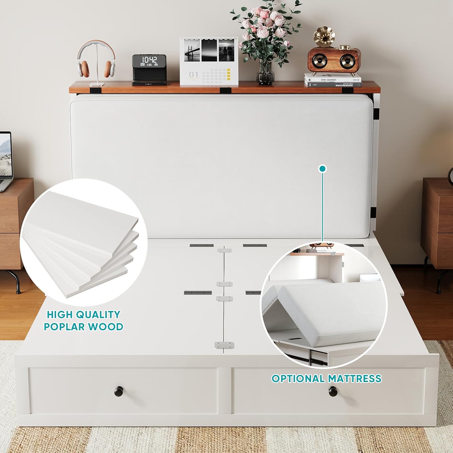 BALUS Full Size Murphy Bed with Mattress Included, 57'' W Murphy Bed Full with USB Charging Station & 2 Storage Drawers, Murphy Cabinet Beds for Living Room, Apartment, Home Office, Bedroom-White