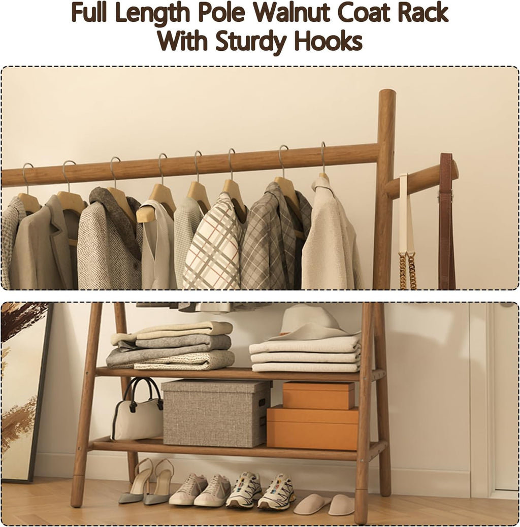 Solid Wood Clothes Rack with 2 Shelves & Hooks, Freestanding Garment Rack & Coat Rack Load 350 Lbs for Hanging Clothes & Organizer, Simple and Practical for Entryway Bedroom 31.5W WALNUT