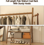 Solid Wood Clothes Rack with 2 Shelves & Hooks, Freestanding Garment Rack & Coat Rack Load 350 Lbs for Hanging Clothes & Organizer, Simple and Practical for Entryway Bedroom 31.5W WALNUT