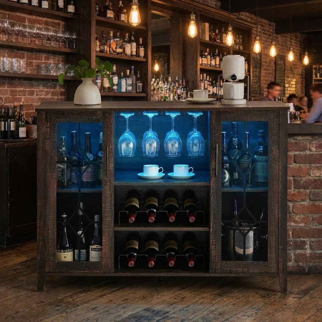 GarveeHome Wine Bar Cabinet with LED Light, Home Coffee Cabinet with Wine and Glass Rack, Kitchen Buffet Sideboard with Storage, Liquor Cabinet for Bar, Dining Room, Kitchen, Oak