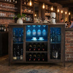 GarveeHome Wine Bar Cabinet with LED Light, Home Coffee Cabinet with Wine and Glass Rack, Kitchen Buffet Sideboard with Storage, Liquor Cabinet for Bar, Dining Room, Kitchen, Oak
