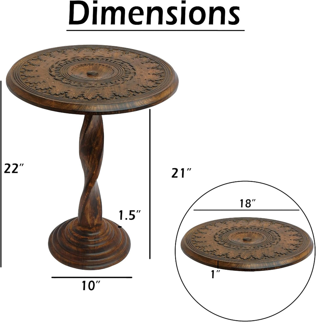 TUP THE URBAN PORT Jem 22 Inch Side End Table, Round Top, Hand Carved Boho Mandala Design with Twisted Base, Brown Mango Wood