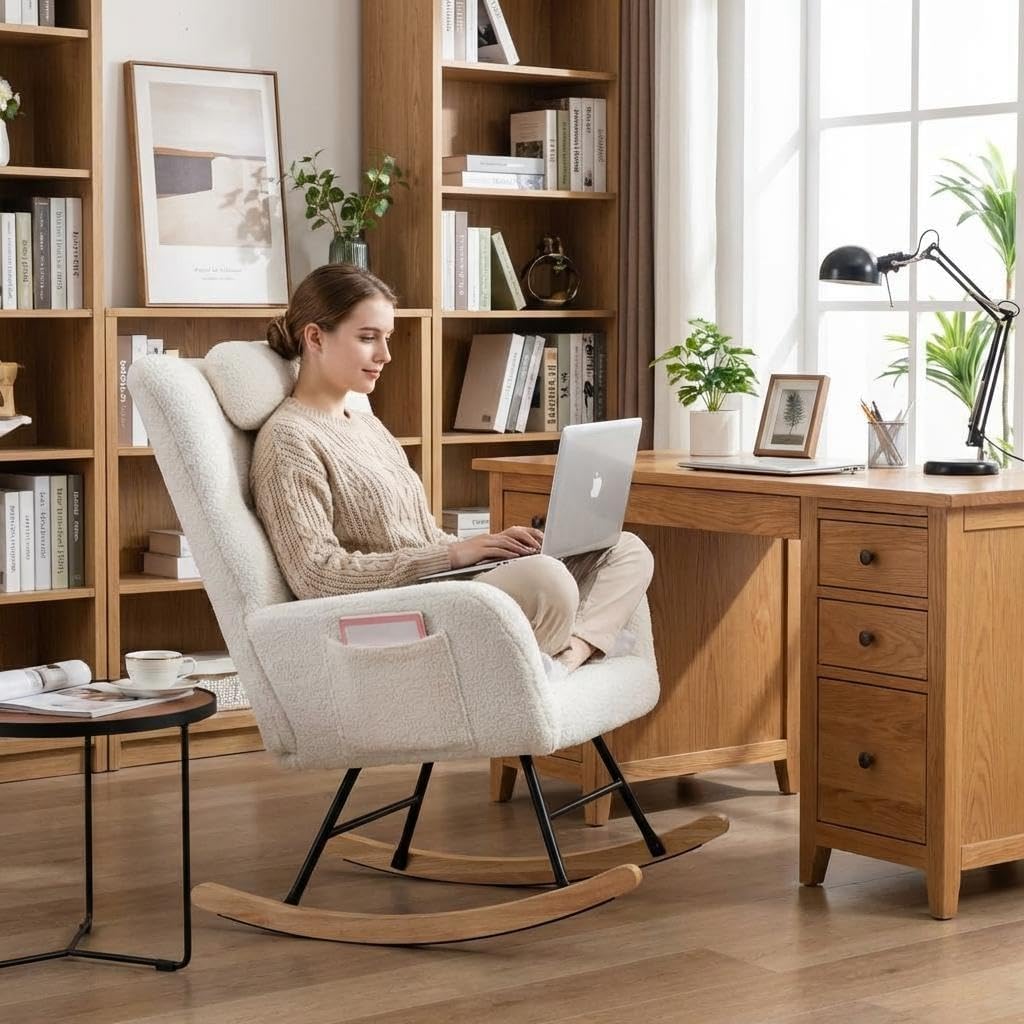 Upholstered Nursery Rocking Chair with Teddy Fabric, High Backrest and Padded Seat, Modern Accent Glider Recliner for Living Room, Bedroom and Reading Nook, Beige