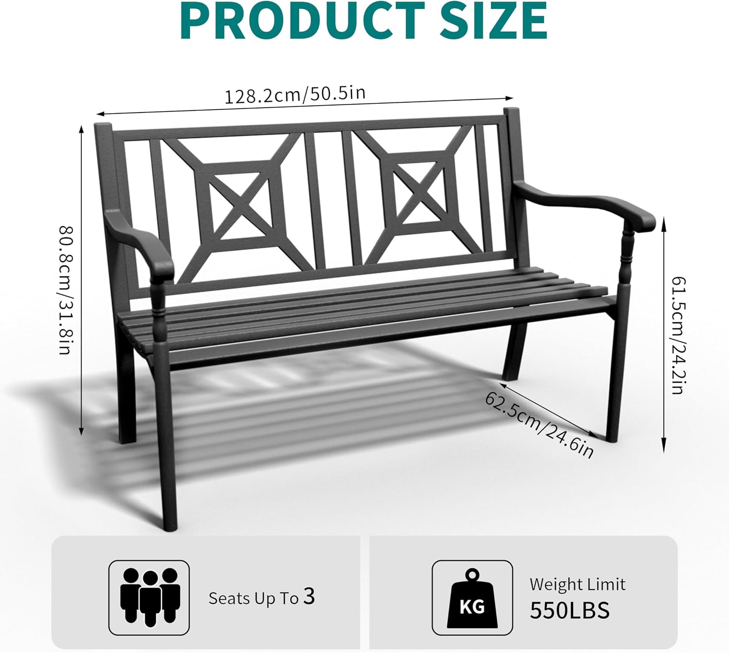Metal Bench Patio Bench, Outdoor Benches Weatherproof with Lattice Backrest, Wrought Iron Garden Benches for Outdoors, Patio, Garden, Park, 2 Pack