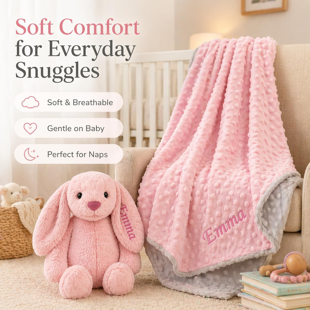 Terwex Personalized Baby Blanket & Plush Bunny Set, Custom Baby Blankets for Girls Boys with Name, Customized 2-in-1 Dot Receiving Swaddle & Rabbit Set, Toddler Infant Gifts for Baby Shower Birthday