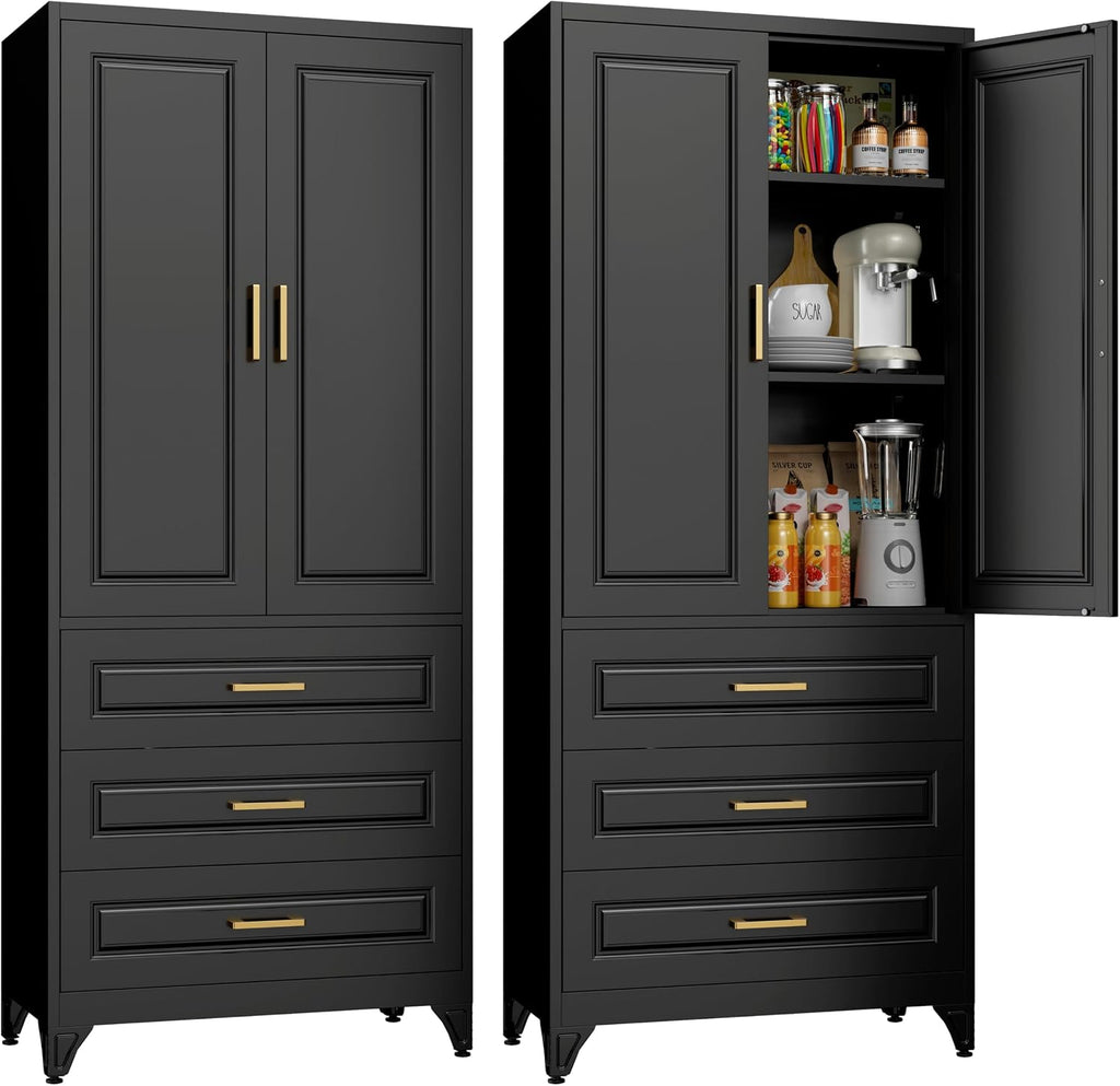 75" Tall Metal Storage Cabinet, Kitchen Pantry Storage Cabinets with Doors and Shelves, Black Pantry Cabinet with 3 Drawer, Utility Kitchen Cupboard, Large Steel Cabinets for Dining Room