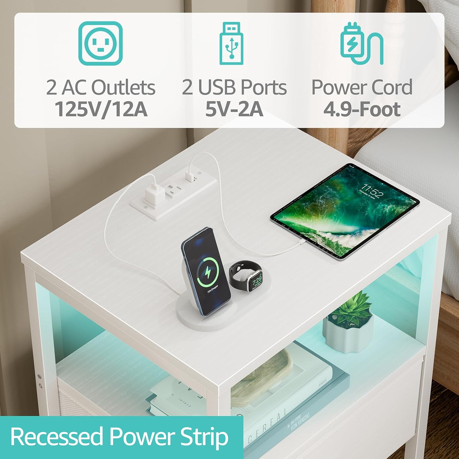 BOLUO White Nightstand with Charging Station, LED Night Stand with Fabric Drawers and Shelf, Bedside Table with USB Ports and Outlets, Bedroom Nightstand Modern