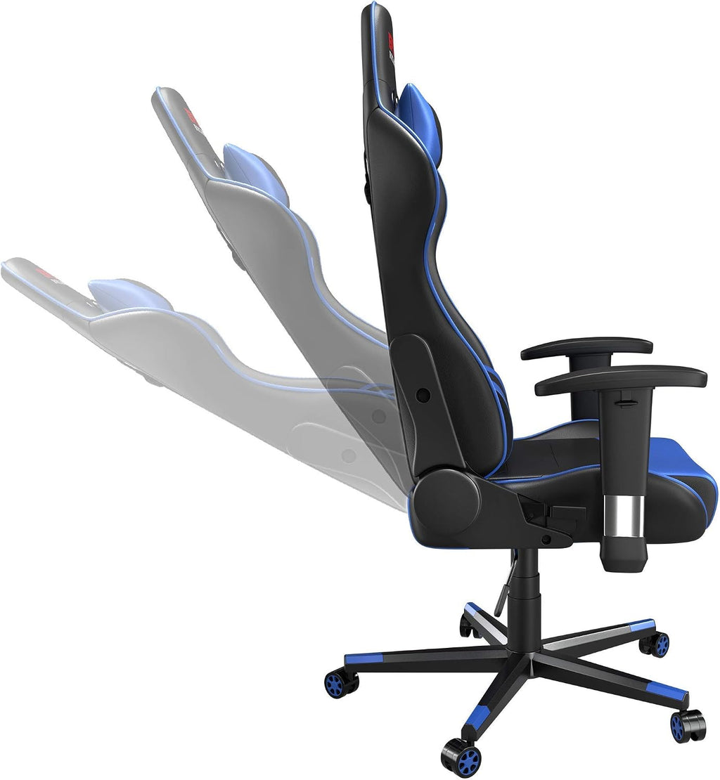 Professional Blue Gaming Chair - Leather Gaming Chair with Adjustable Height and Headrest Support