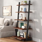 IBF 5-Tier Solid Wood Ladder Bookshelf with Natural Live Edge, Rustic Walnut Storage & Display Leaning Bookcase, Modern Space-Saving Shelf for Living Room, Bedroom, Home Office