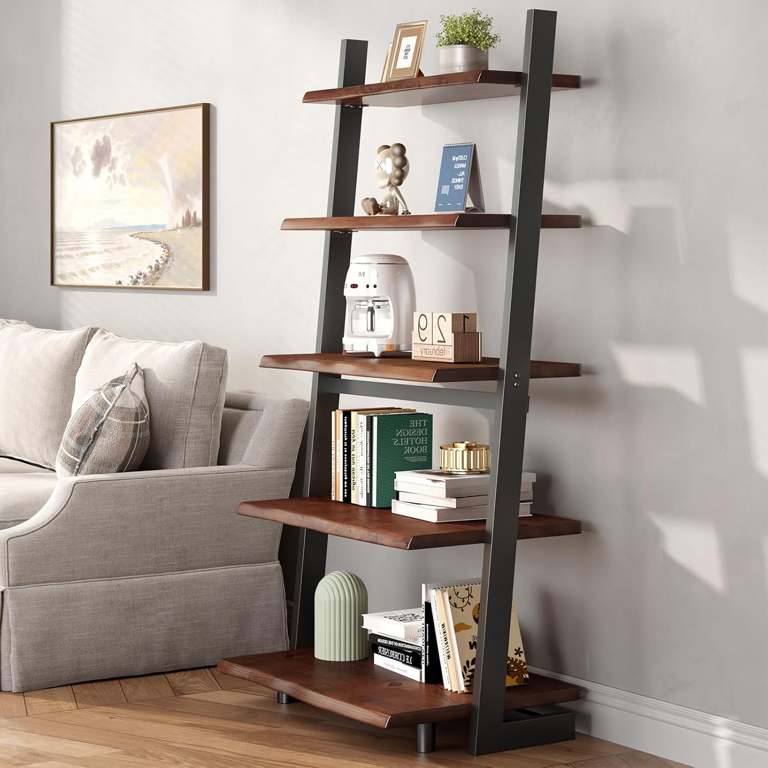IBF 5-Tier Solid Wood Ladder Bookshelf with Natural Live Edge, Rustic Walnut Storage & Display Leaning Bookcase, Modern Space-Saving Shelf for Living Room, Bedroom, Home Office