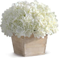 YXZZWL 10" Artificial Hydrangea Arrangement in Planter for Table Centerpiece, Lifelike Fake Hydrangea Potted Plant, Silk Faux Flowers in Wood Planter for Farmhouse Home Office Shower Decor (White)