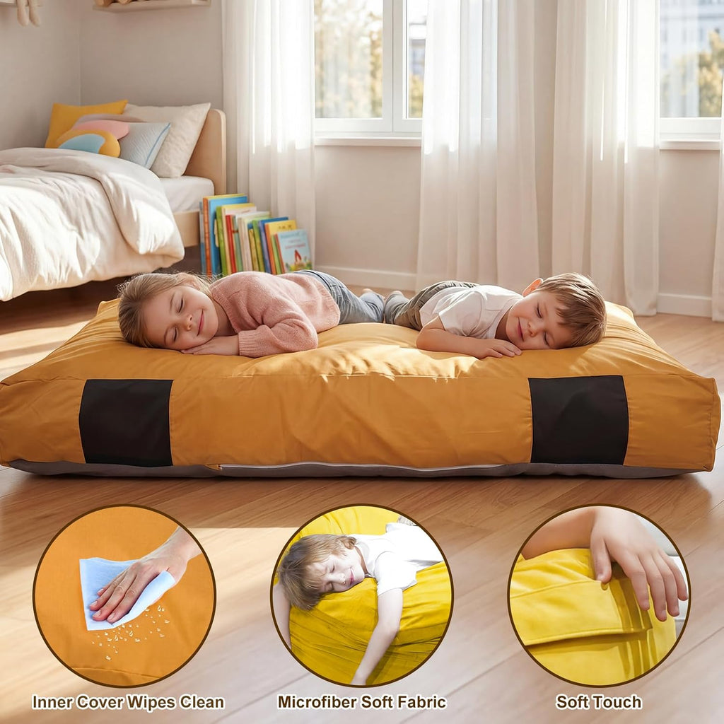 Bean Bag Chair and Sensory Crash Pad for Kids, Convertible Beanbag Folds from Lazy Chair to Floor Sensory Crash Pad, Children Lazy Sofa Chairs with Memory Foam Filling, Machine Washable, Yellow