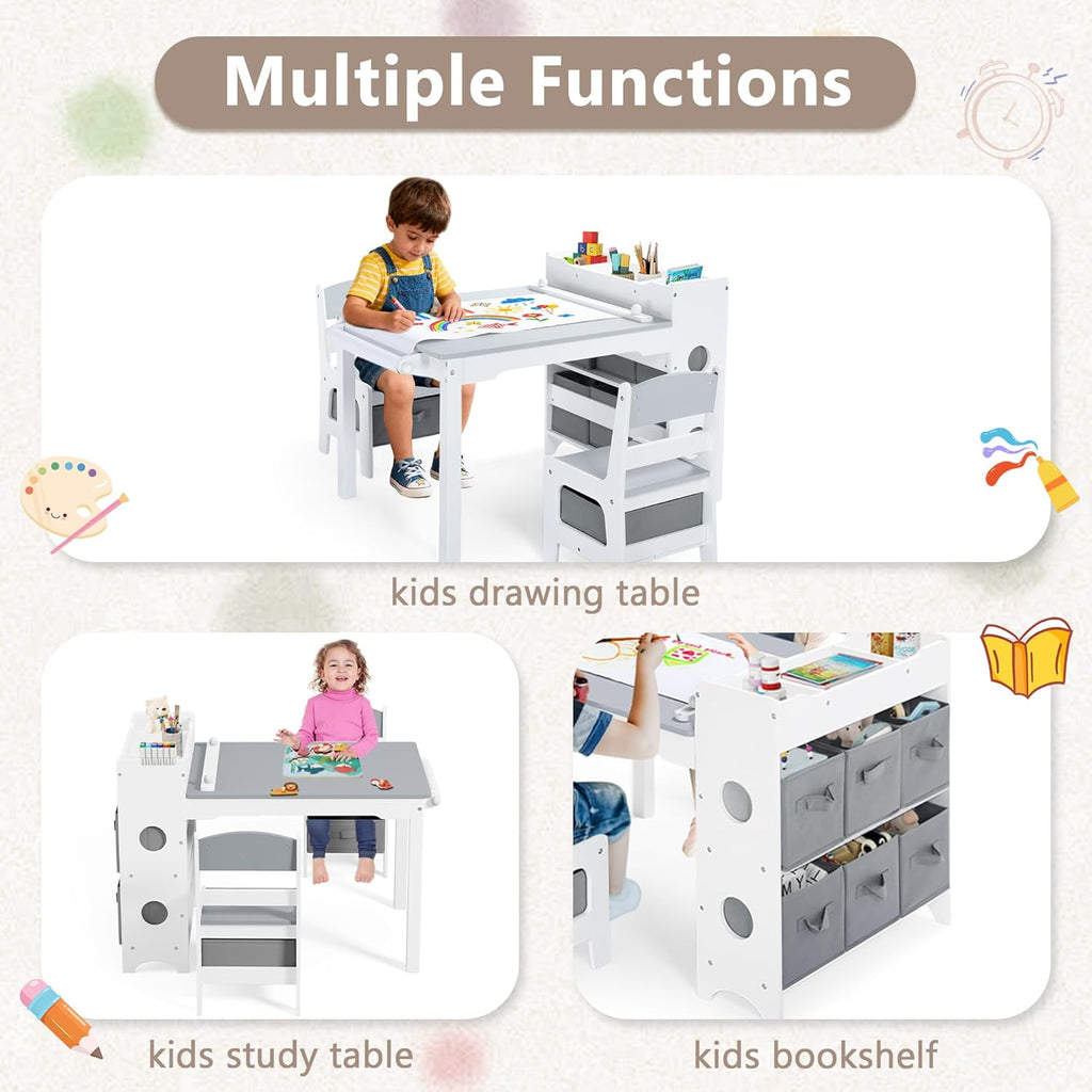 Kinder King Kids Art Table & Chair Set, Wood Toddler Activity Table for Kids Drawing, Reading, Studying, Crafting, Playing, 8 Removable Bins, Paper Roll for Playroom, Nursery, Grey