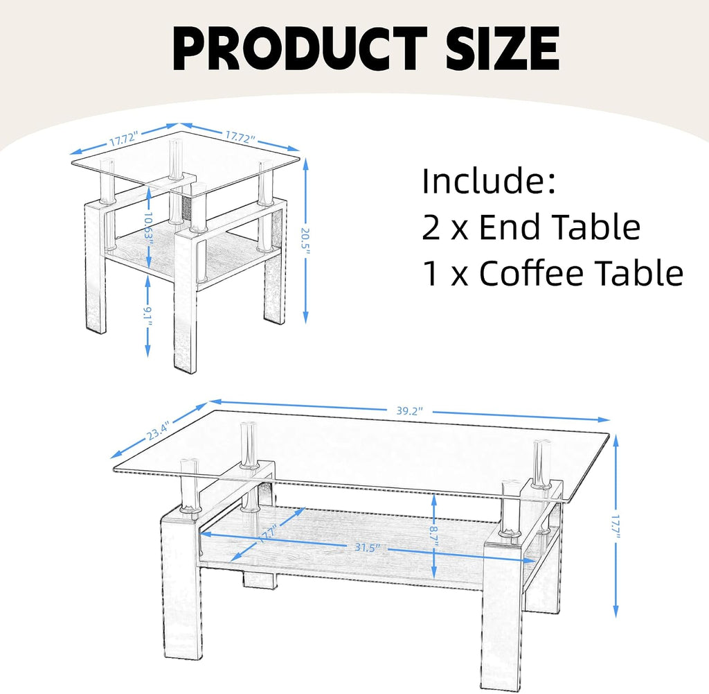 IANIYA 3 Pieces Living Room Table Set, Coffee Table Set of 3 Modern Rectangle Tempered Glass Coffee Table with 2 End Side Tables, 3 Piece Table Sets for Apartment Home Office (3, Brown)