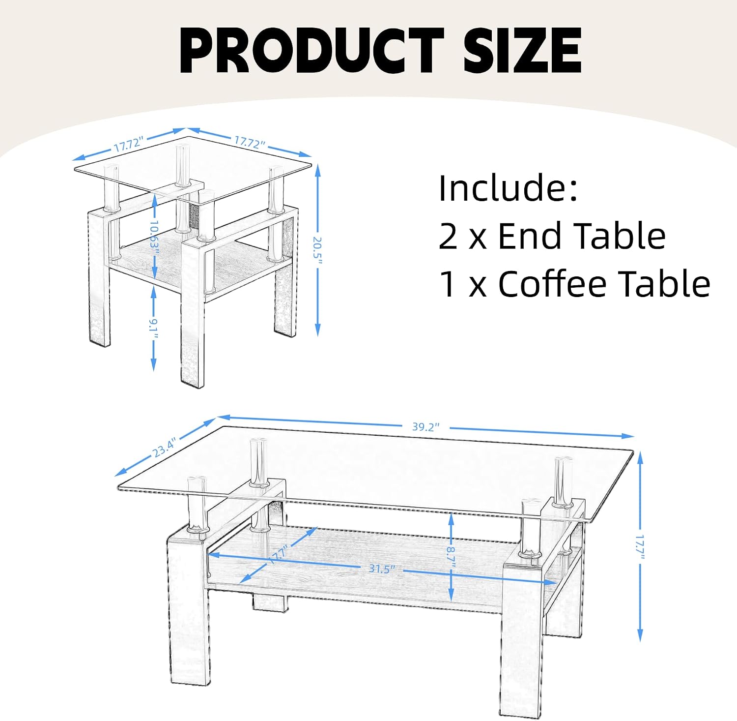 IANIYA 3 Pieces Living Room Table Set, Coffee Table Set of 3 Modern Rectangle Tempered Glass Coffee Table with 2 End Side Tables, 3 Piece Table Sets for Apartment Home Office (3, Brown)