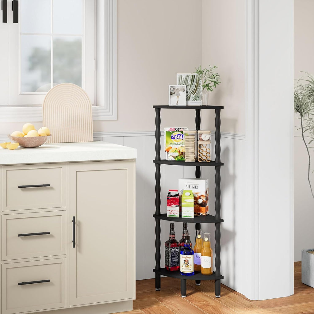 IBUYKE 4-Tier Corner Shelf,Stylish Corner Bookshelf for Small Spaces,Industrial Corner Storage Display Shelves,Small Corner Table for Bedroom,Bathroom,Kitchen, Black WBC019B