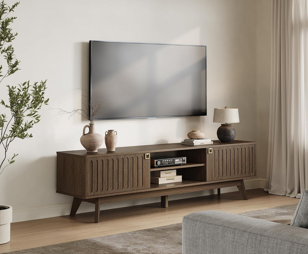 SICOTAS 70" Long TV Stand for Living Room, Modern TV Stand Entertainment Center with 2 Storage Cabinets, Mid Century Fluted-Door Media Console Table for 50/60/70/80 Inch TV, Coffee Oak