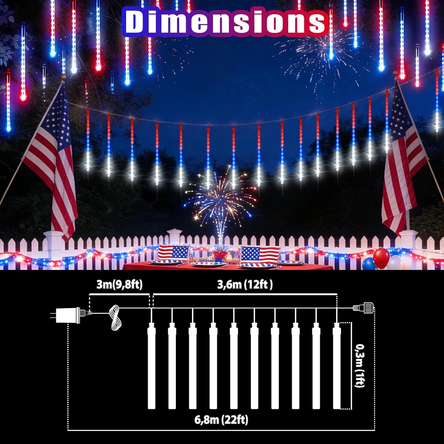 10 Set 12" 240 LED Meteor Lights with Built-in Connectors – Red, Blue, White for Nation Day