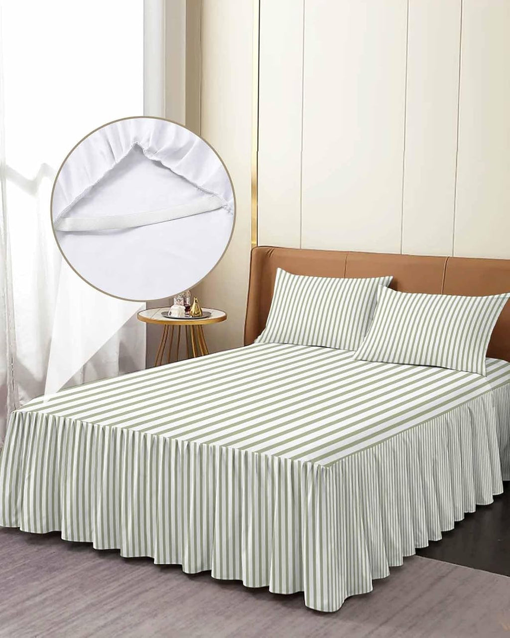Ruffle Skirt Bedspread for King Size Bed Farmhouse Sage Green Stripe 3 Piece Bedding Cover with Pillow Sham,18In Drop Bedskirt Coverlet for Bedroom Dorm Modern Vertical Line