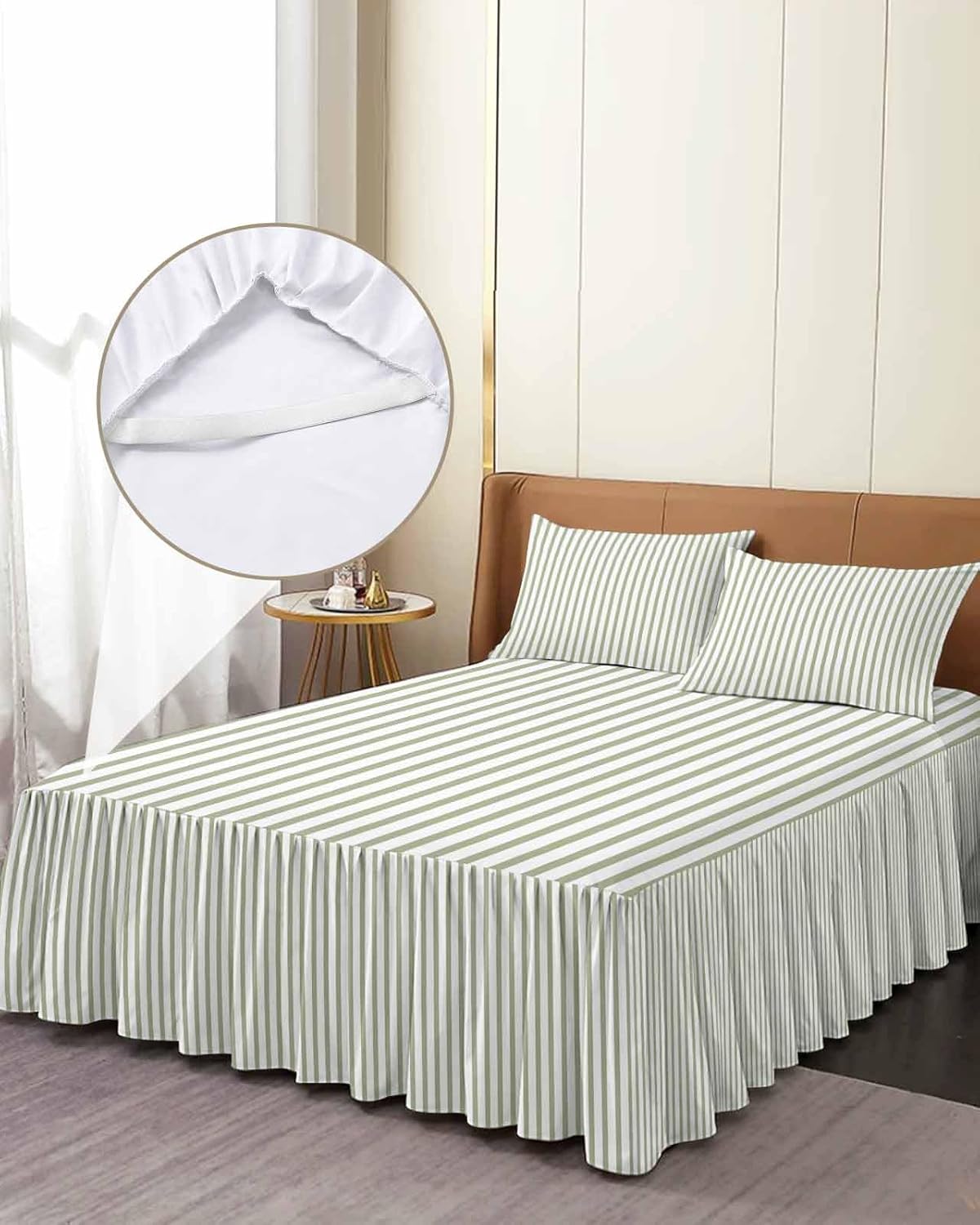 Ruffle Skirt Bedspread for King Size Bed Farmhouse Sage Green Stripe 3 Piece Bedding Cover with Pillow Sham,18In Drop Bedskirt Coverlet for Bedroom Dorm Modern Vertical Line