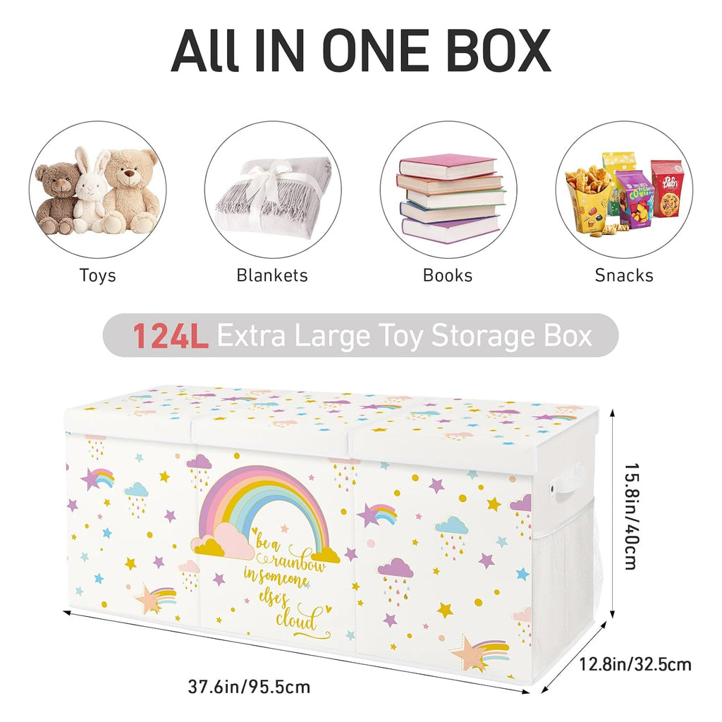 Extra Large Collapsible Toy Box with Lids, Sturdy Storage Organizer, 38"x16"x13" Toy Chest for Playroom, Nursery, Bedroom, Living Room (Rainbow and Stars)