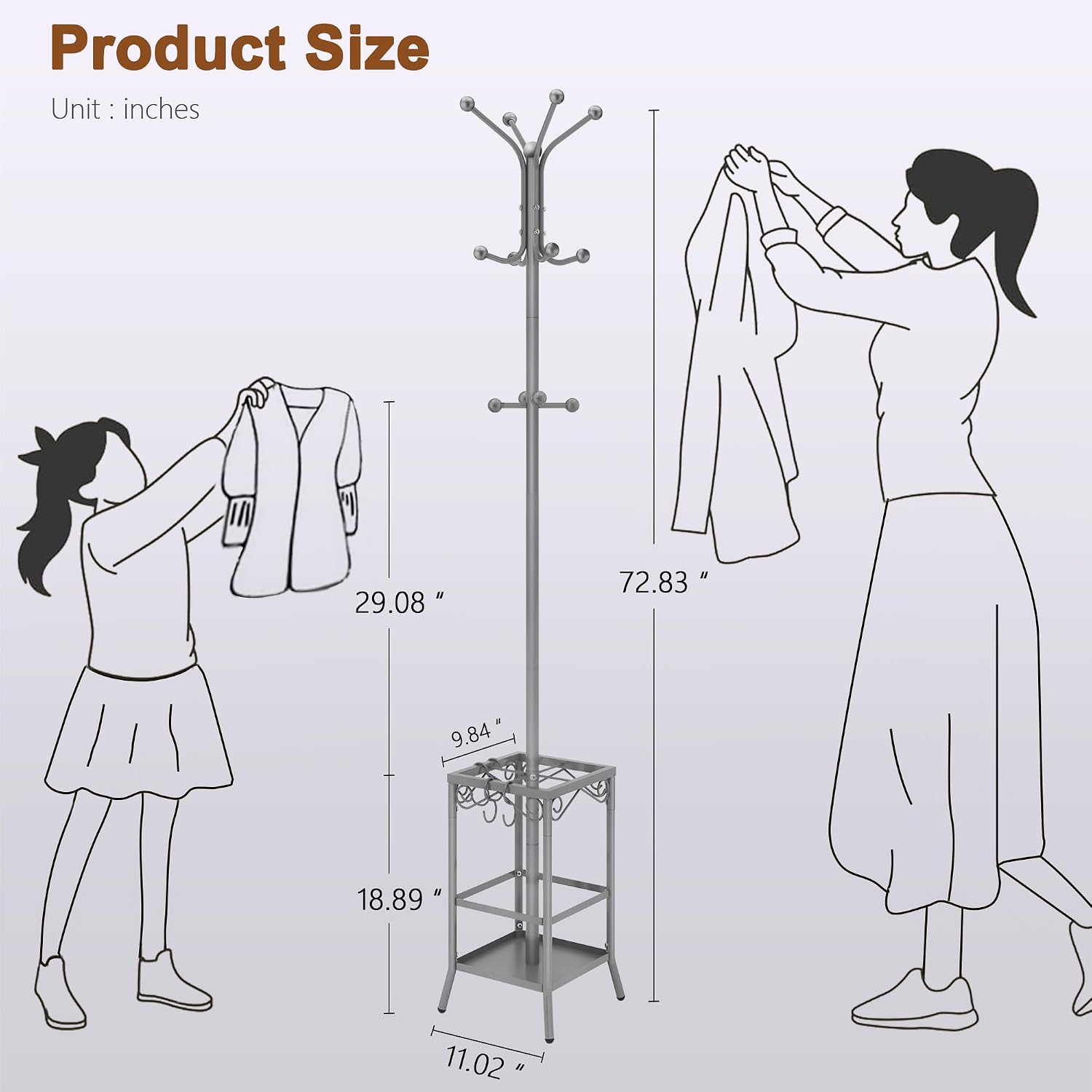 Hoctieon Coat Rack Freestanding, Coat Tree with Umbrella Holder | Metal Coat Rack Stand with 12 Hooks, Standing Coat Hanger Stand, Umbrella Stand for Entryway, Hat Rack Stand for Home Office