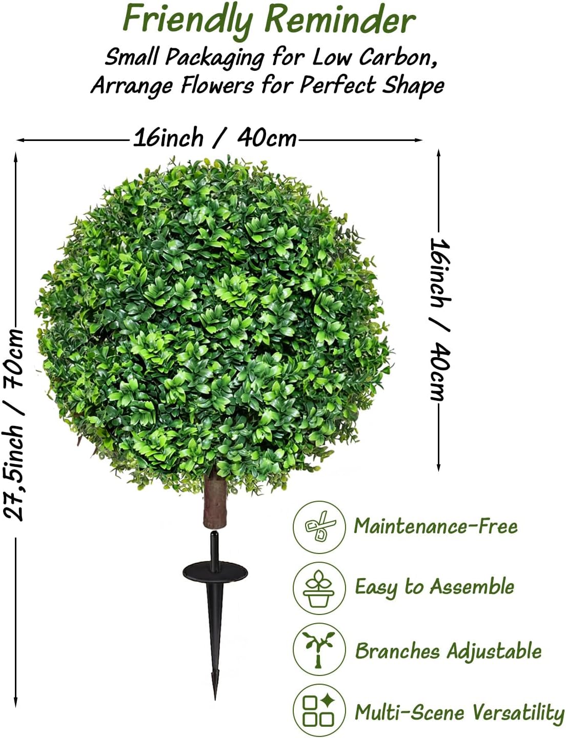 27.5" Artificial Boxwood Topiary Ball Trees for Outdoor with Round Spike, Set of 2 UV Resistant Fake Bushes Artificial Outdoor Shrubs for Front Porch Planters, Weatherproof Faux Greenery Plants Decor