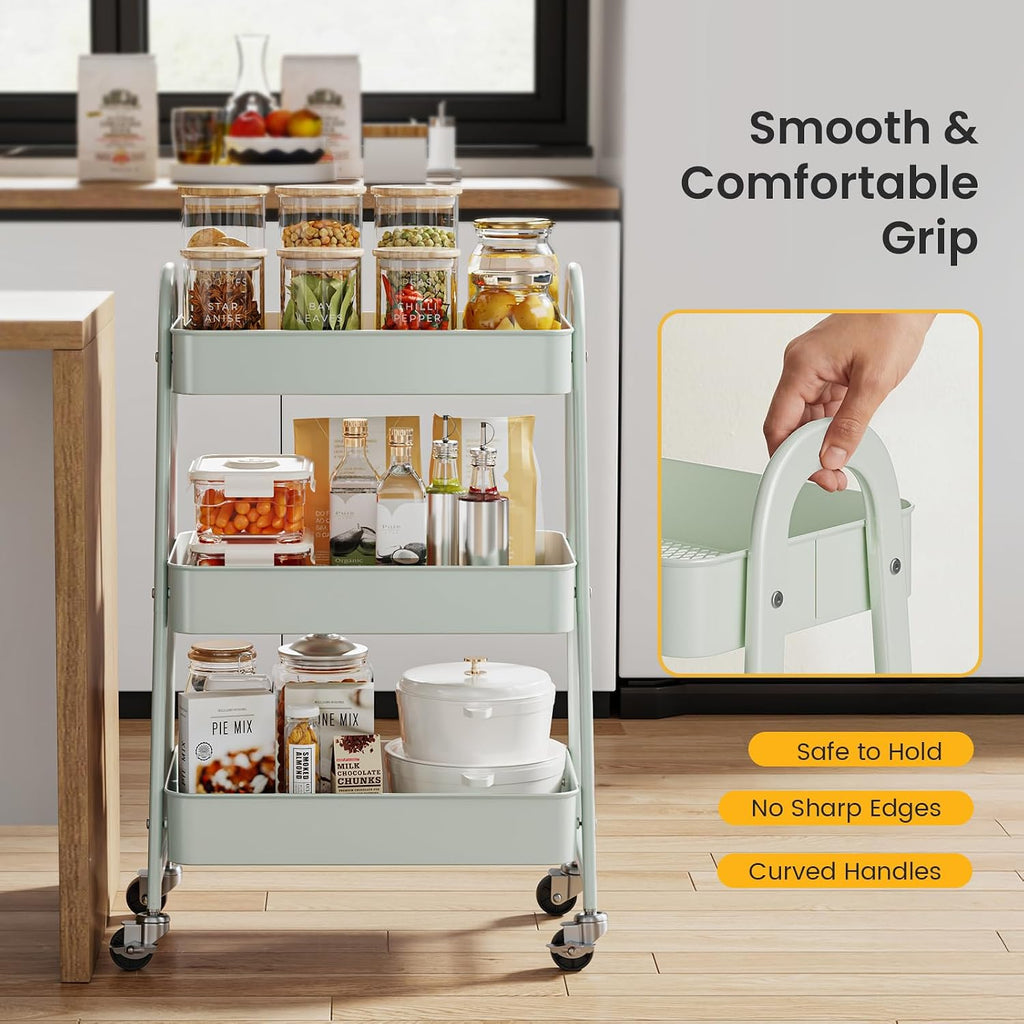 DUMOS 3 Tiers Metal Rolling Utility Cart with Lockable Wheels, Mobile Storage Organizer, Utility Shelving Unit for Kitchen, Office, Bathroom, Laundry, Narrow Places, Light Green