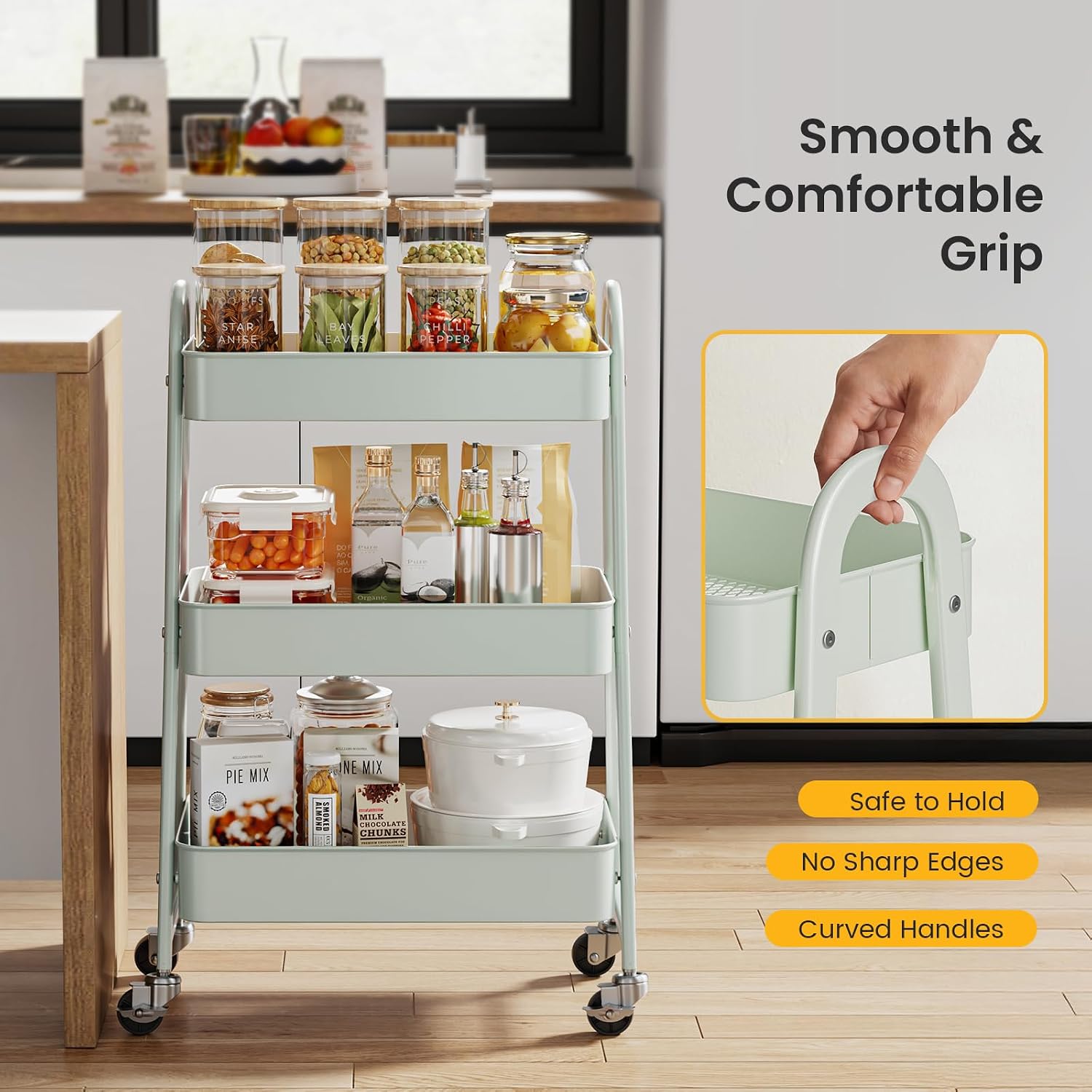 DUMOS 3 Tiers Metal Rolling Utility Cart with Lockable Wheels, Mobile Storage Organizer, Utility Shelving Unit for Kitchen, Office, Bathroom, Laundry, Narrow Places, Light Green