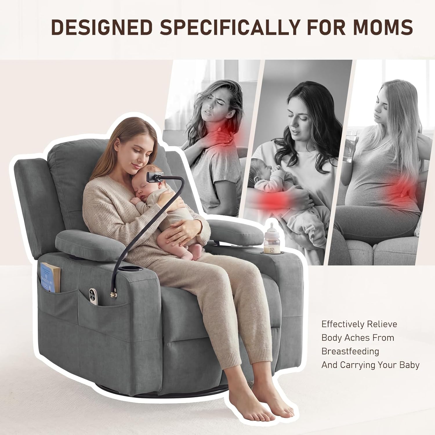 Furnimart Power Rocking Chair Nursery with Adjustable Armrests, Triple Motor Glider Recliner Swivel Nursing Chair for Breastfeeding with Phone Holder, Side Storage, Soft Waterproof Fabric, Dark Grey