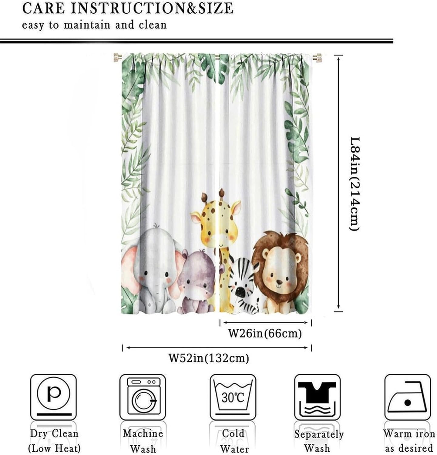 Nursery Curtains Jungle Safari Toddler Theme, Cartoon Animal Lion Elephant Giraffe Palm Leaf Print Rod Pocket Window Drapes for Bedroom Living Room, 2 Panels W52xL84 Inch