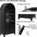 HRVEOCEI Black Arched Cabinet with Glass Doors, Tall Arch Kitchen Pantry with 2 Large Drawers & Adjustable Shelves/Golden Handles, Wood Hutch Cabinet for Kitchen, Dining Room, Living Room