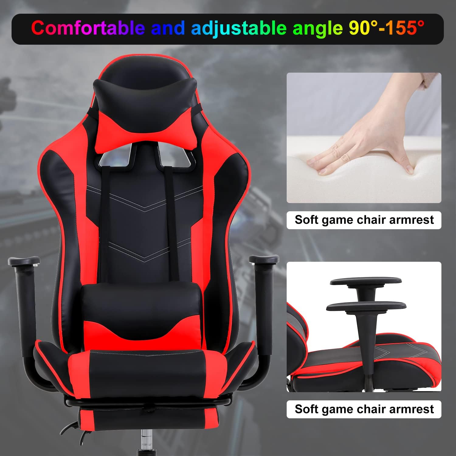 Gaming Chair Computer Chair Ergonomic Gaming Chair with Footrest Reclining High Back Video Game Chair with Lumbar Support Headrest Armrest Swivel Seat for Women, Men (Red)