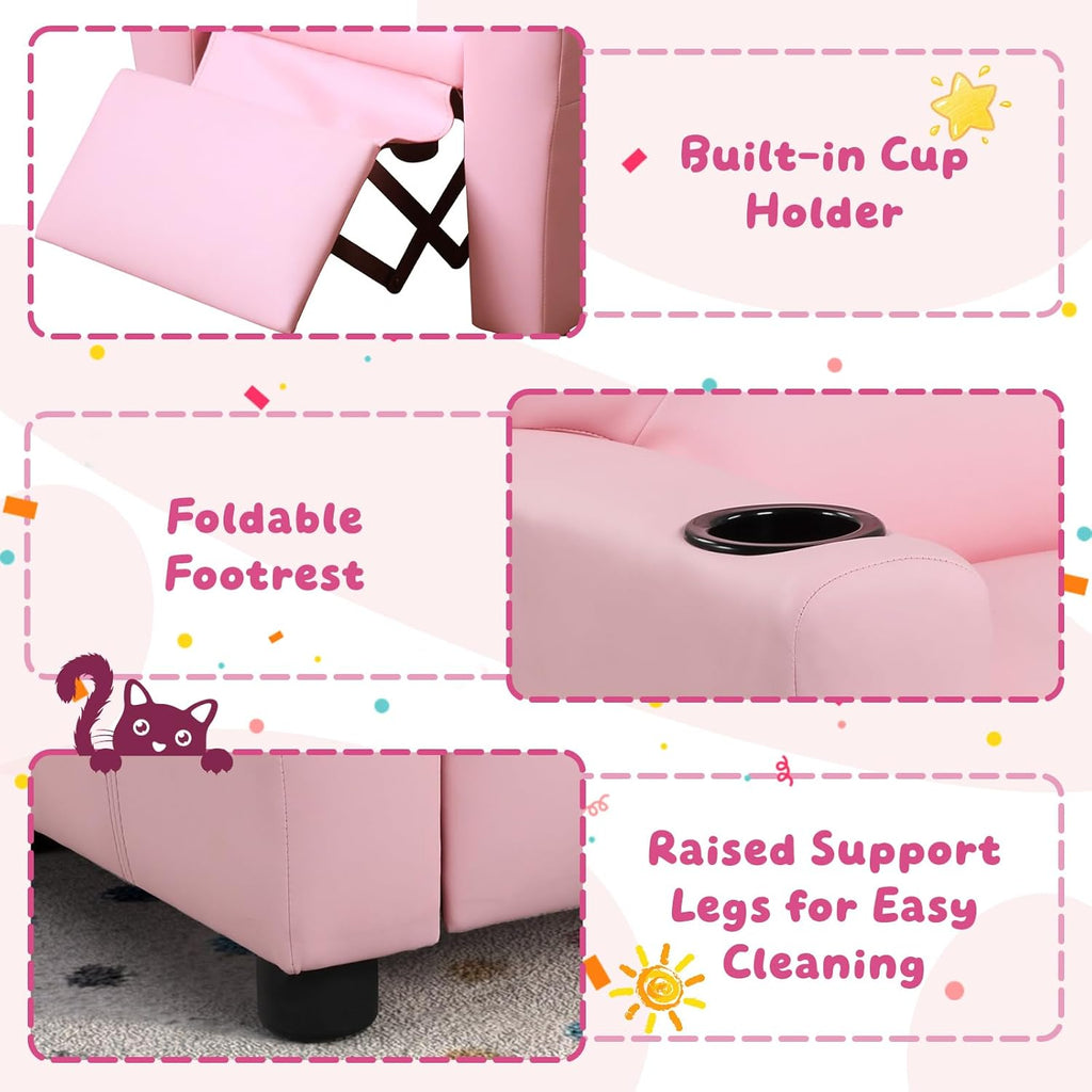 Kids Recliner with Cup Holder, PU Leather Toddler Recliner for Kids Age 1-4 w/Backrest & Footrest, Children’s Lounge Chair for Boys & Girls, Small Recliner for Bedroom Playroom Living Room (Pink)