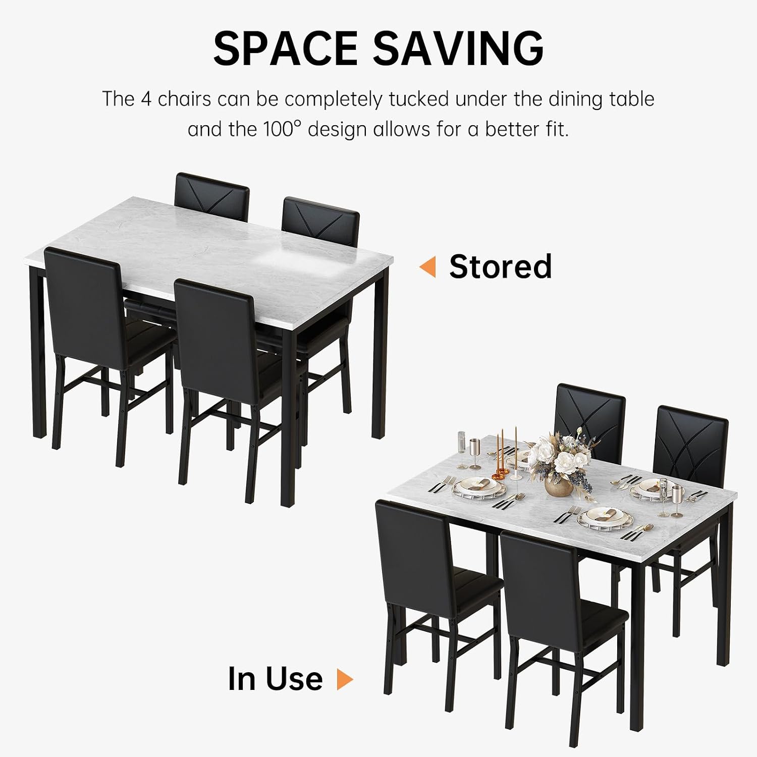 Hooseng Dining Table Set for 4 Faux Marble Kitchen Table and Chairs Set of 4,5 Piece with PU Leather Upholstered Dinner Chairs for Compact Dining Room,Small Space,Black
