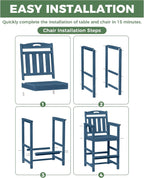 Outdoor Patio Bar Height Chair, All-Weather HDPE Tall Balcony Adirondack Stools for Bistro, Garden, Backyard, Deck | Navy Blue