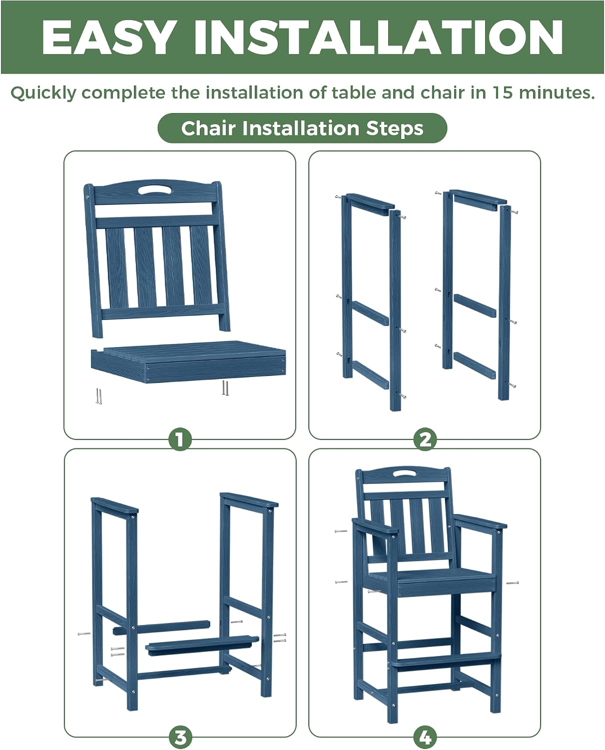 Outdoor Patio Bar Height Chair, All-Weather HDPE Tall Balcony Adirondack Stools for Bistro, Garden, Backyard, Deck | Navy Blue