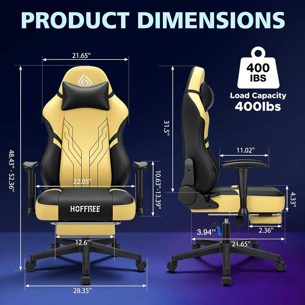 HOFFREE Gaming Chair with Footrest 160° Reclining Computer Chair with 15° Rocking Function Ergonomic Game Chairs for Adults 400lbs Home Office Compueter Desk Chair with 2D Armrests Yellow and Black