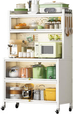 64" Kitchen Pantry Cabinet, Tall Storage Cabinet with Glass Doors and Wheels, Bakers Rack Countertop, Microwave Oven Shelf Cabinet, Cabinet Cupboard for Kitchen, Living Room, Dining Room (White)